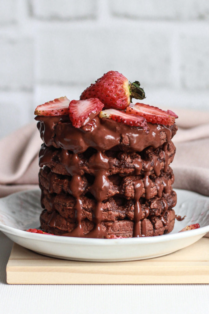 chocolate oatmeal waffles with strawberries