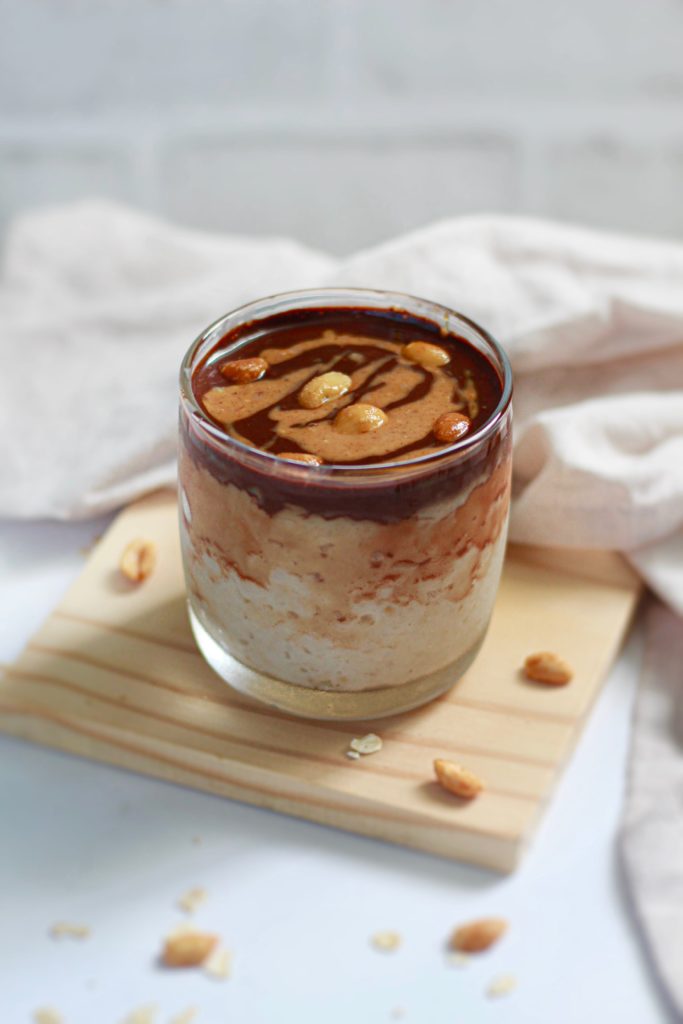 showing chocolate peanut butter overnight oats from the front
