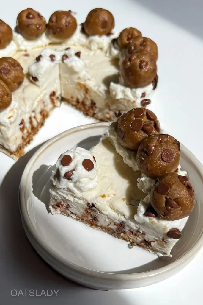 showing a no bake cheesecake cookie dough a slice and complete cheesecake