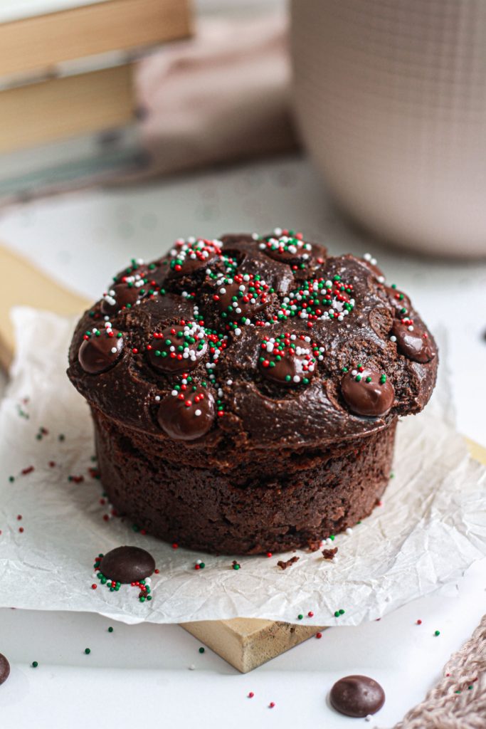 showing single-serving christmas chocolate muffin closer