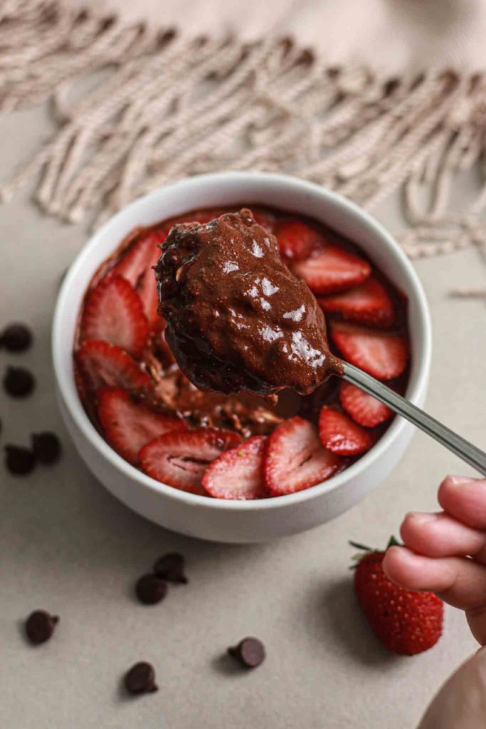 showing spoonful of chocolate ganache oats recipe closer