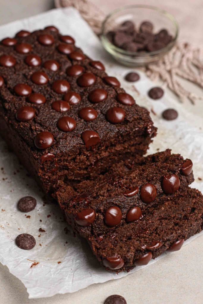 showing healthy vegan chocolate loaf cut in slices