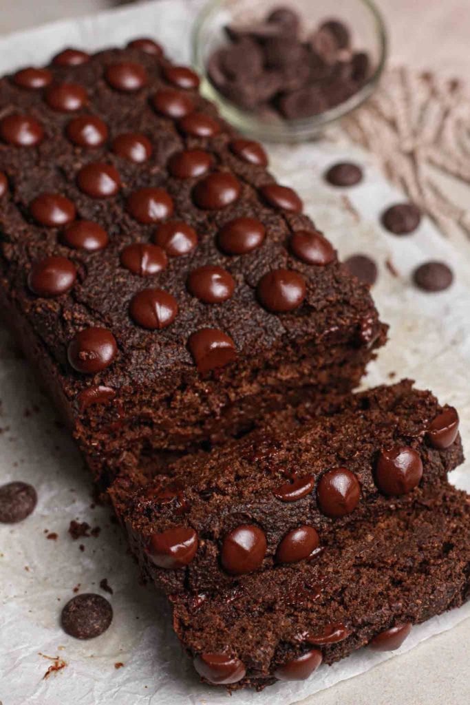 showing healthy vegan chocolate loaf cut in slices closer