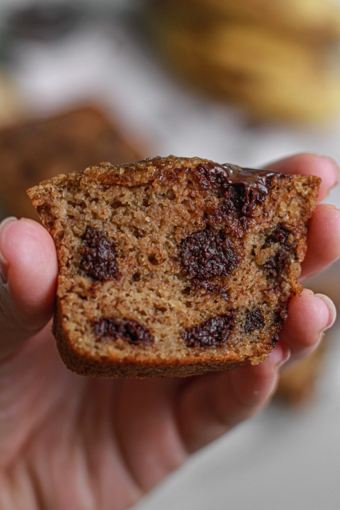 showing single slice from a mini healthy chocolate chip banana bread