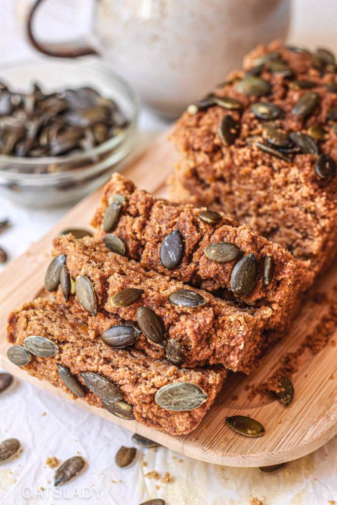 healthy pumpkin bread recipe in slices with a side view