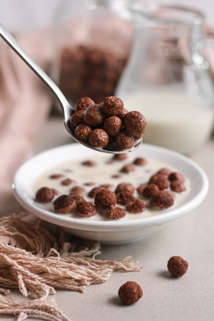 showing a spoonful of homemade chocolate cereal recipe 