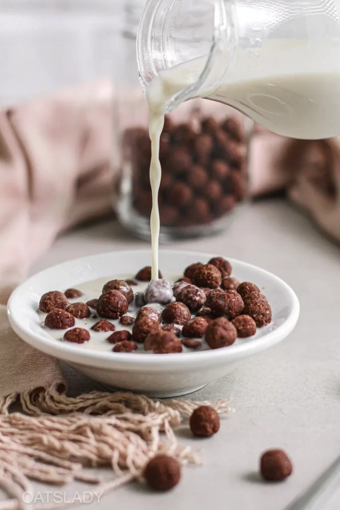 homemade nesquik cereal with a shot of milk