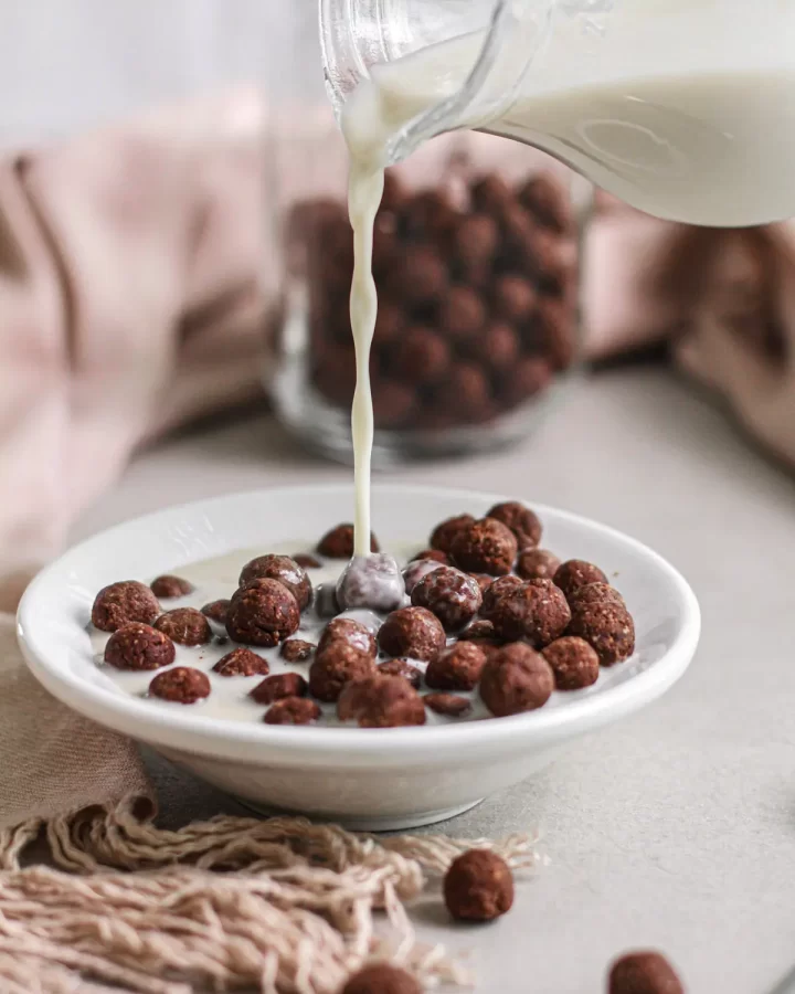 homemade nesquik cereal with a shot of milk