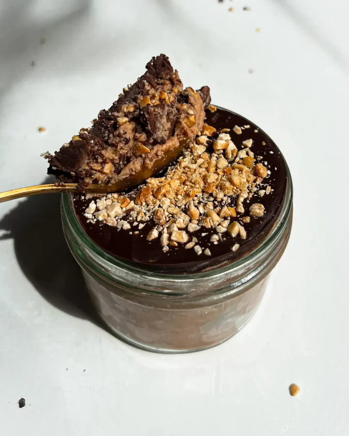 showing a spoonful of chocolate peanut butter mousse